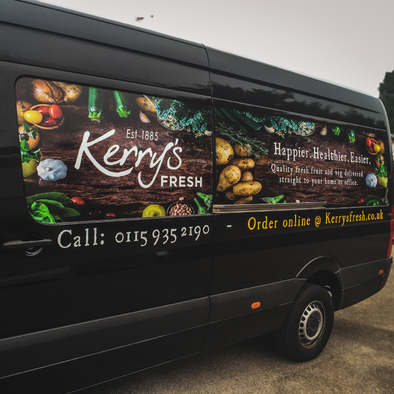 Kerry's Fruit & Veg Van featuring printed panel graphics and logos