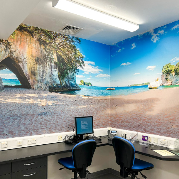 The image shows an office space with a large corner desk, two seats and a computer. The wall in the corner has a beach cave landscape scene.
