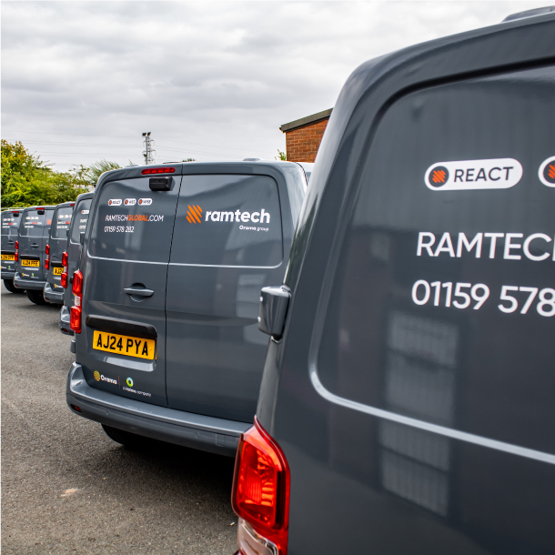 A fleet of Ramtech vans wrapped with a grey rear and signwriting.